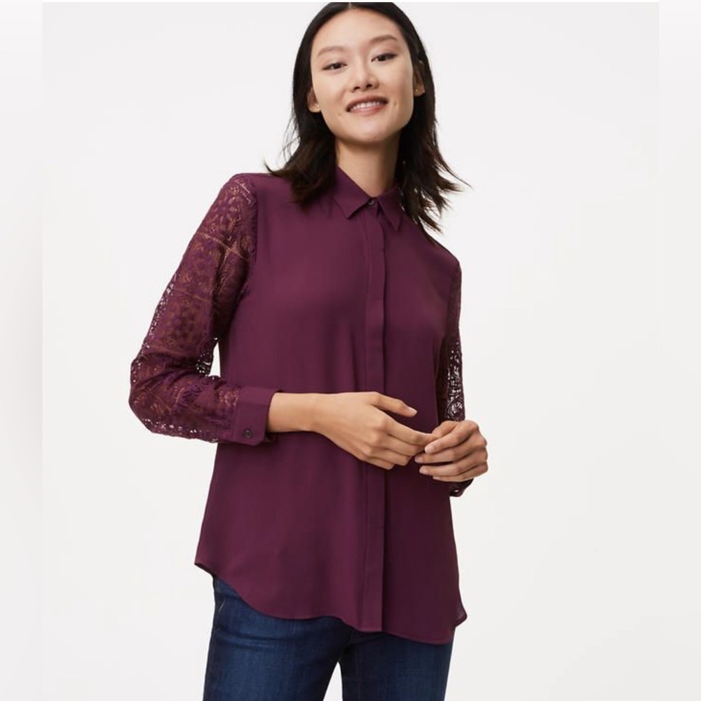 LOFT Lace Sleeve Button Down Blouse Plum Burgundy Long Sleeves Career Office XS